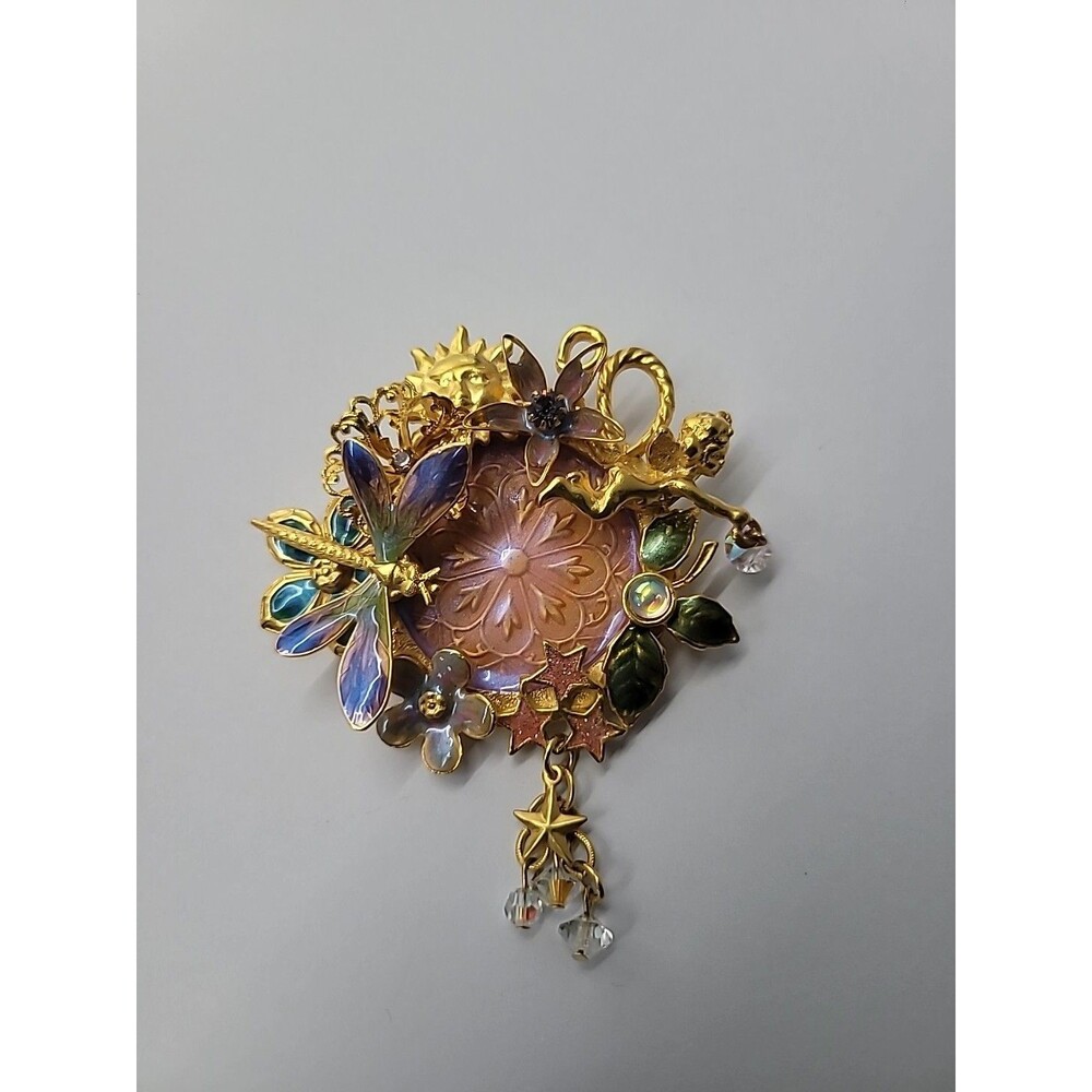 Vintage Kirks Folly Fairy Dragonfly Garden Brooch Iridescent Medallion Retired - Picture 4 of 16